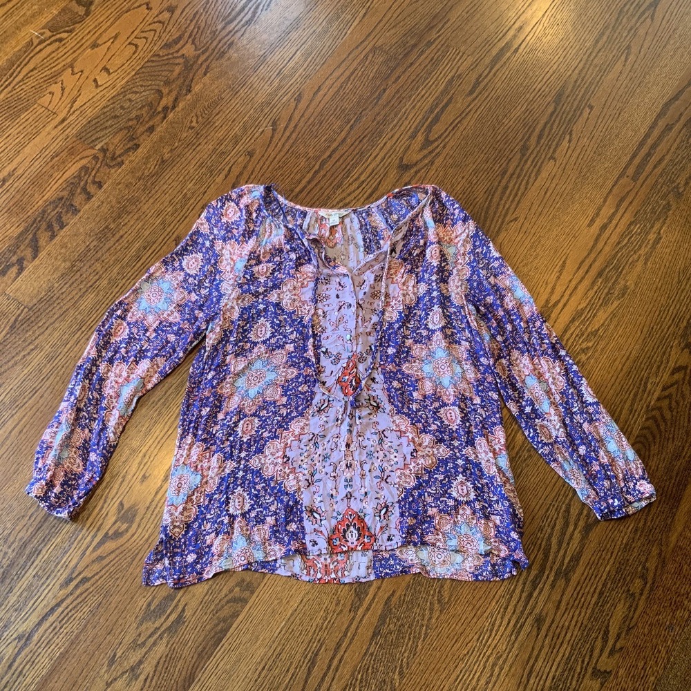 Lucky Brand Top M Red Boho Hippy Cottagecore Popover Peasant Shirt Blouse Medium